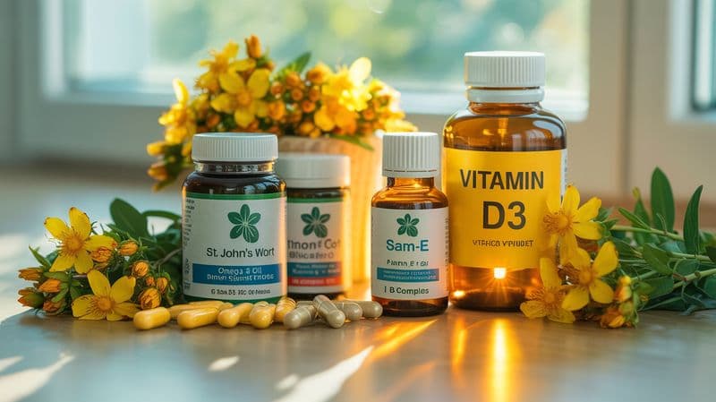 Natural remedies for depression including St. John's Wort, Omega-3s, SAM-e, Vitamin D, and B-complex vitamins