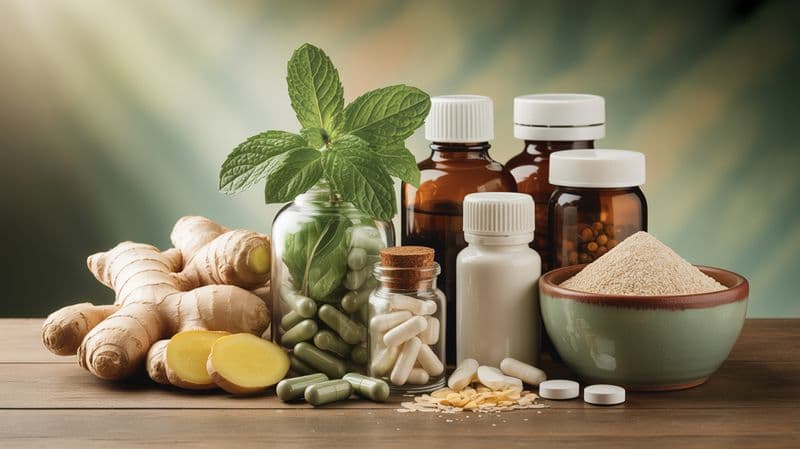 Natural remedies for IBS including peppermint oil, ginger, probiotics, psyllium husk, and digestive enzymes