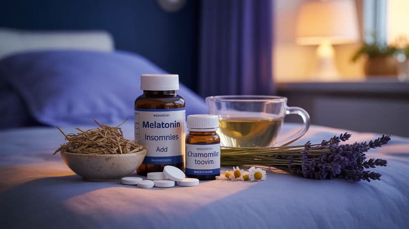 Natural remedies for insomnia including melatonin, valerian root, magnesium, chamomile tea, and lavender