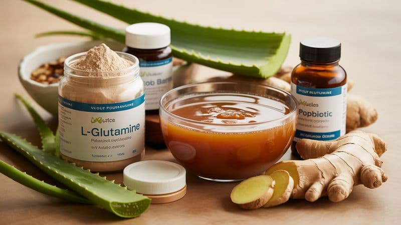 Natural leaky gut remedies including L-glutamine, bone broth, and probiotics