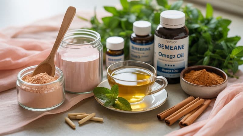 Natural remedies for PCOS including inositol, spearmint tea, berberine, omega-3s, and cinnamon